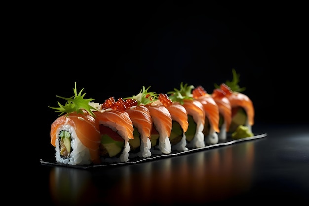 Photo sushi served on black background with reflection