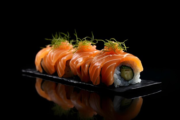 Photo sushi served on black background with reflection