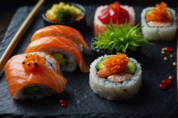 Sushi served on a black slate with garnishes