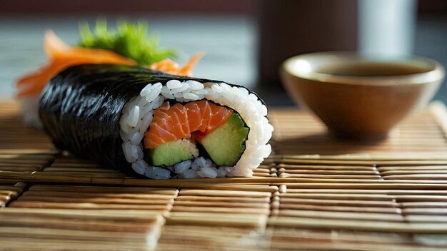 Sushi served on a traditional bamboo sushi rolling mat