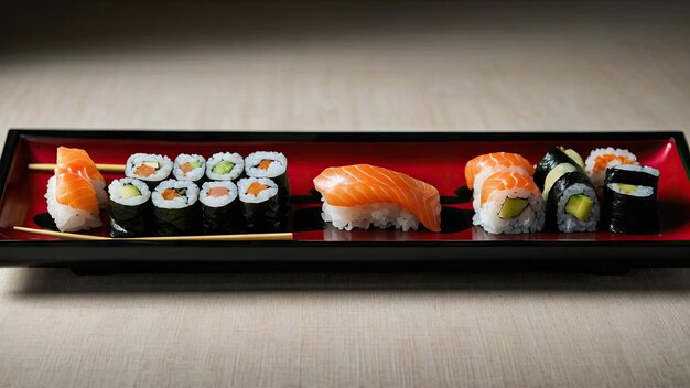 Sushi served on a traditional Japanese lacquerware tray with elegant chopsticks