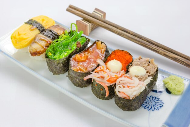 Sushi set on backgroundJapanese seafood