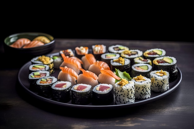 Sushi set on a black plate on a dark wooden background Generative AI