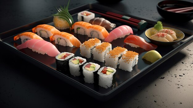 Sushi set on a black table in a sushi restaurant