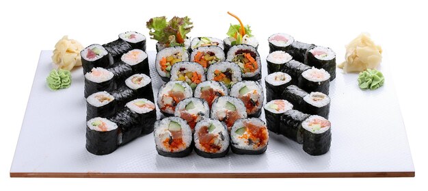 Sushi set on ceramic boards On white background