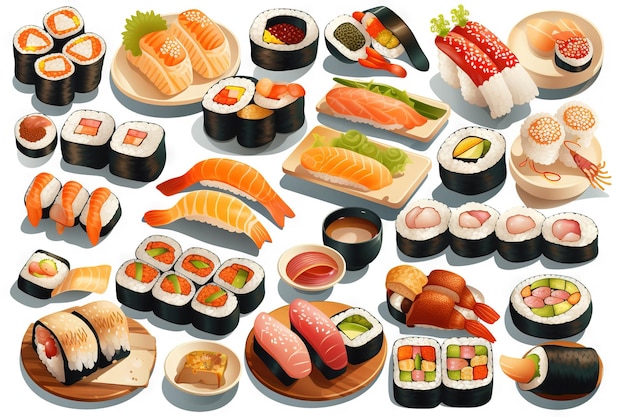 Sushi set Collection of fast fool in asian style Classic shushi and rice rolls Generated AI