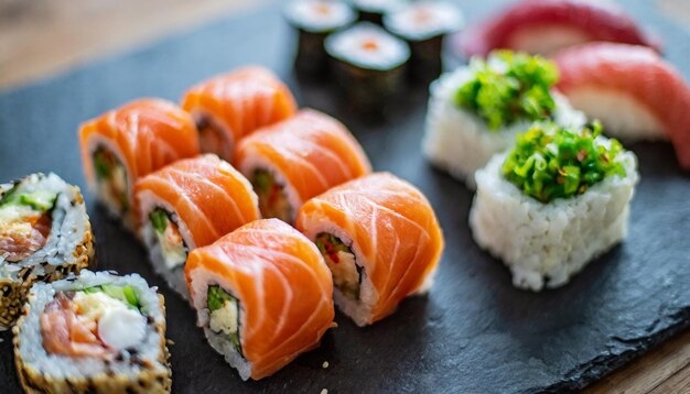 Photo sushi set featuring assorted sashimi and sushi rolls elegantly arranged on a sleek stone slate epi