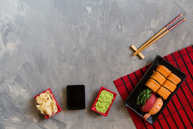 Sushi set on gray concrete