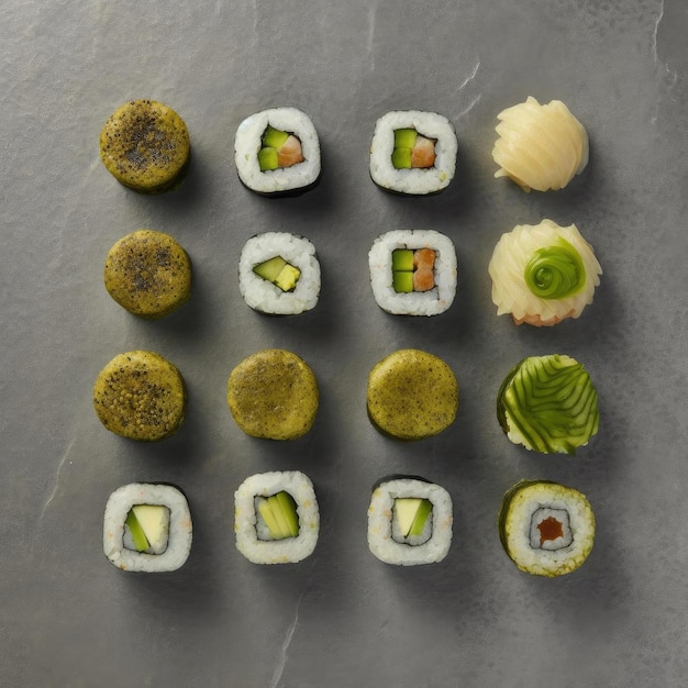 Sushi set on grey background top view