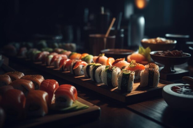 Sushi set nigiri en sushi rollen geserveerd op houten plank op donkere achtergrond Generatieve AI illustratie