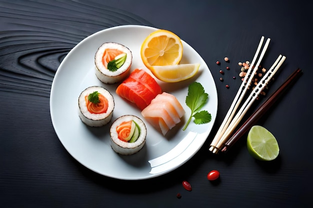 Sushi Set nigiri rolls and sashimi served in traditional Japan black Sushioke round plate