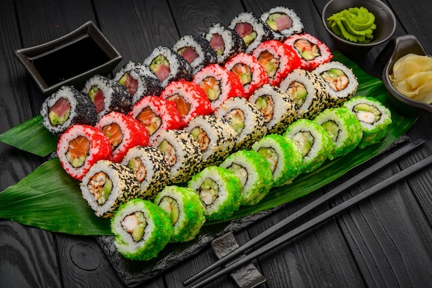 Sushi set Philadelphia roll california unagi black dragon with fresh ingredients