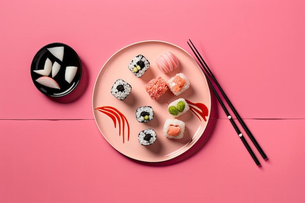 Sushi set in plate on pink background Valentine day food Illustration AI Generative