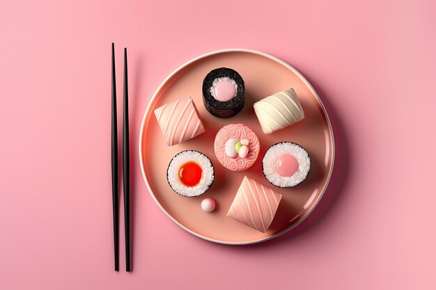 Sushi set in plate on pink background Valentine day food Illustration AI Generative