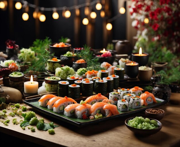 Foto sushi set prachtig gerangschikt op de tafel in een japans restaurant