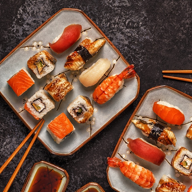 Sushi Set: sushi and sushi rolls on plate.