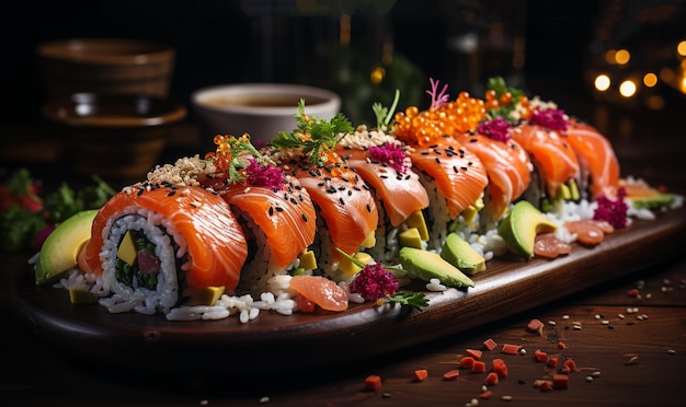 Sushi set uramaki and spicy sushi rolls served on bamboo tray Various kinds of sushi pieces served