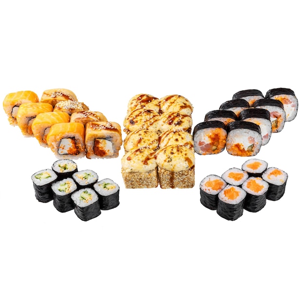 Sushi set on the white background Closeup of delicious japanese food with sushi roll