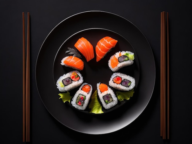 黒い背景に黒い皿にさまざまなロールが入った寿司セットトップビューAI生成
