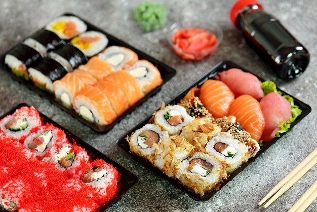 Sushi set with salmon, soft cheese, tuna, smoked eel