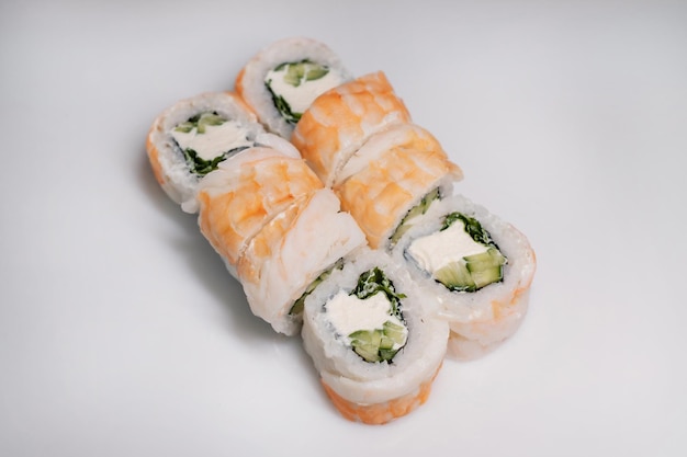 Sushi set with salmon tuna and cream cheese Traditional Japanese cuisine