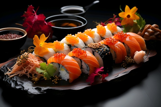 Суши-сет с икрой лосося, тунца, угря, икрой, морскими водорослями, соевым соусом и овощами на деревянной доске