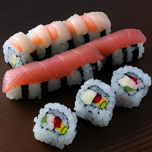 A sushi and a small piece of sushi are on a table