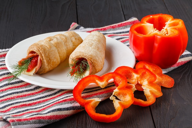 Sushi-Style Wraps with chicken pepperoni, vegetables and nuts. Healthy snacks