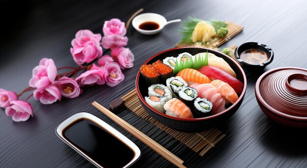 Photo sushi and sushi are on a table with other sushi