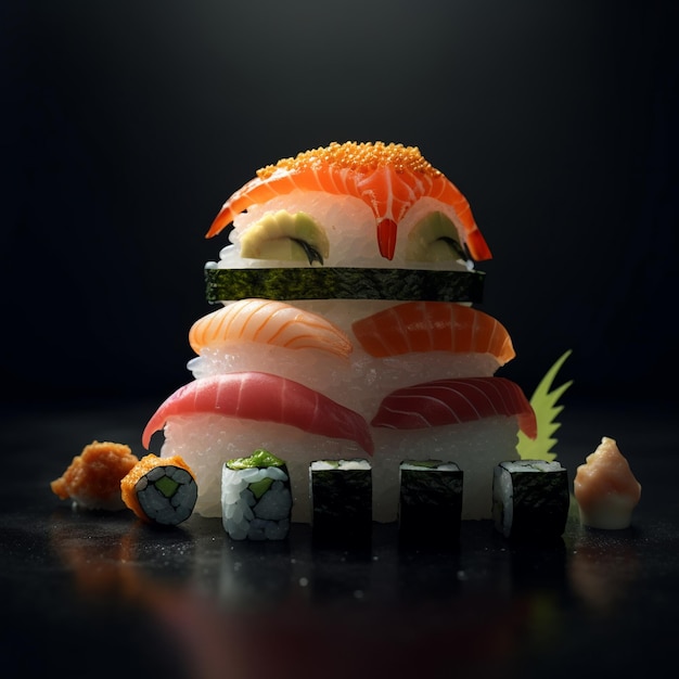 A sushi and sushi dish with a black background.
