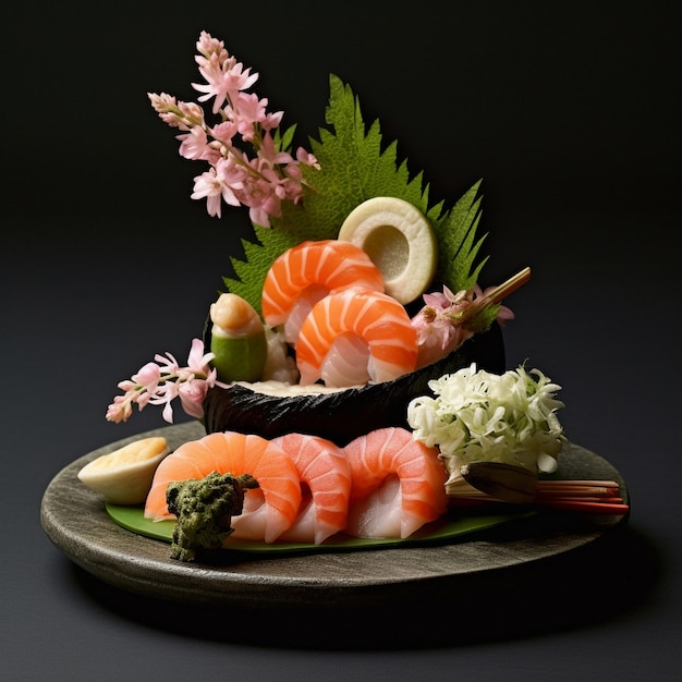 sushi and sushi on a plate with flowers