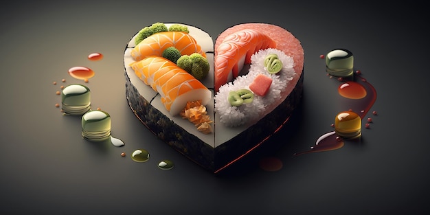 Photo sushi on the table in the form of a heart generative ai