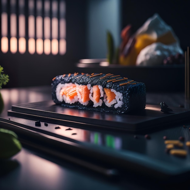 A sushi that is on a plate with a green vegetable in the background.