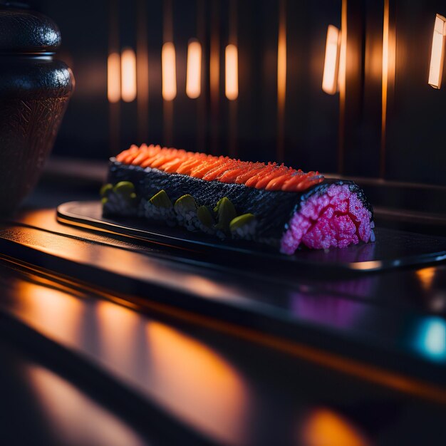 Photo a sushi that is on a table with a vase on it