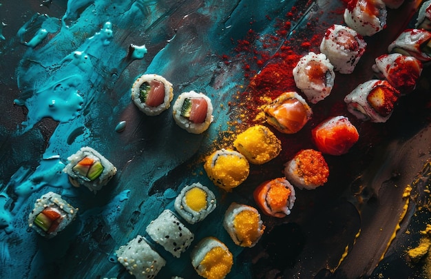 Photo sushi and tofu on a silver plate