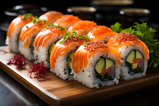 Sushi A traditional Japanese dish consisting of vinegared rice topped with various ingredients