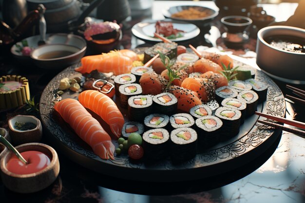 Sushi, traditioneel Japans gerecht gemaakt met rijst behandeld met rijstazijn of zout en verschillende vullingen of lagen, meestal bestaande uit zeevruchten, maar ook vleesgroenten, zeewier