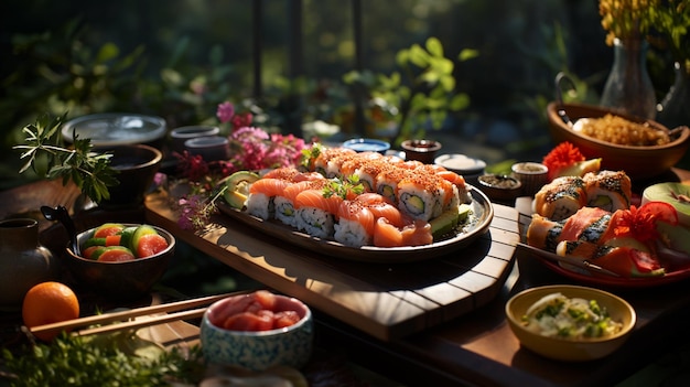 Sushi a typical japanese dish based on rice filled with fish seaweed nori eggs etc