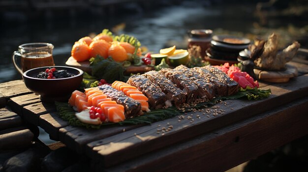 Photo sushi a typical japanese dish based on rice filled with fish seaweed nori eggs etc