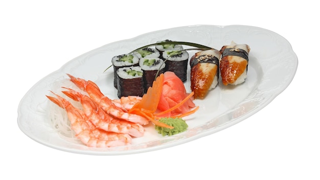 Sushi with eel and rolls with cucumber and nori