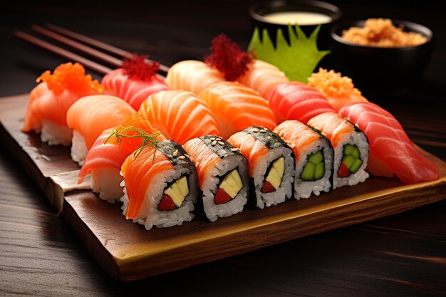 A sushi with a piece of sushi on it sits on a table