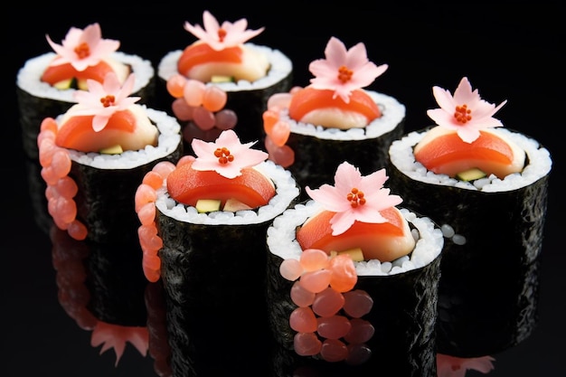 a sushi with pink flowers on top of it