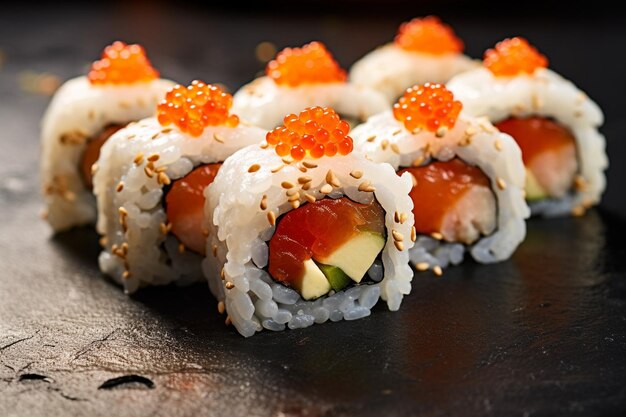 Sushi with red caviar ginger horseradish and soy sauce