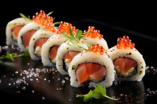 Sushi with red caviar ginger horseradish and soy sauce