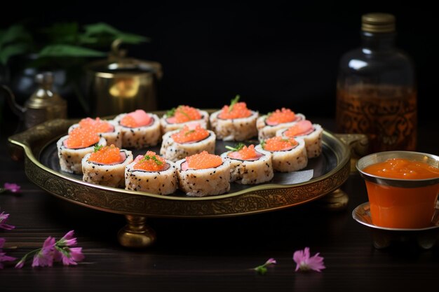 Photo sushi with red caviar ginger horseradish and soy sauce