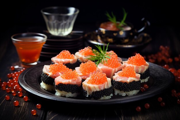 Photo sushi with red caviar ginger horseradish and soy sauce