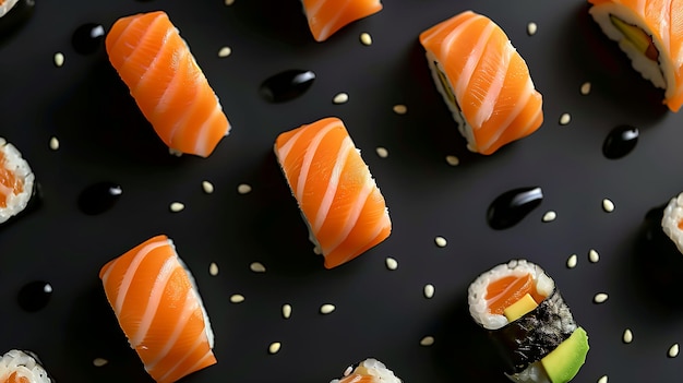 Sushi with salmon on a black background Top view