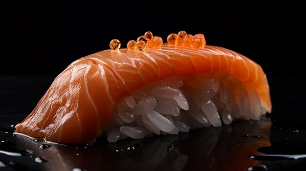 A sushi with a salmon sashimi on it