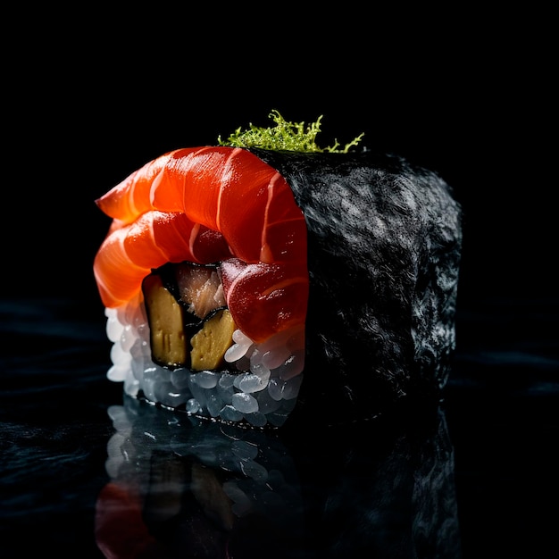 A sushi with a white piece of salmon on it