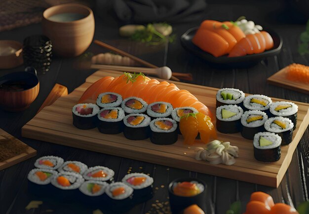 Sushi on a wooden board with a bowl of garlic and a plate of sushi